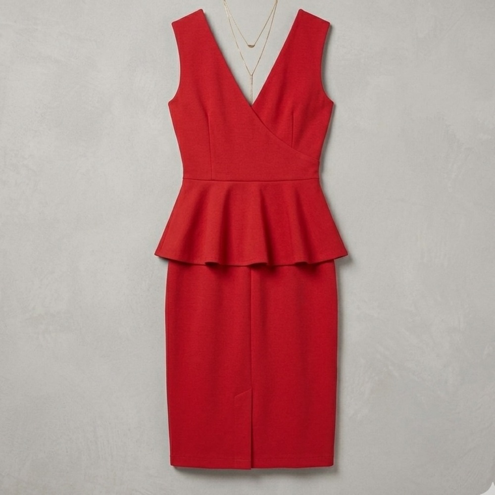 Elegant V-Neck Crimson Peplum Sheath Dress